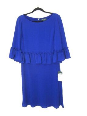 LRL Ralph Lauren NEW Size 10 Blue Knee Length Dress 3/4 Sleeve Ruffle Crepe $135